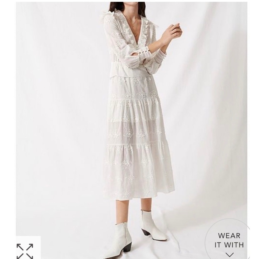 Maje Embroidered Tiered Midi Dress White Ruffle Lace Neck Long Sleeve Size 40, 8